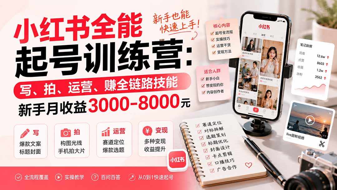 小红书全能起号训练营-更新：写、拍、运营、赚全链路技能，新手月收益3000-8000元-保成圈-山云人力,分享创业咨询_最新网络项目资源