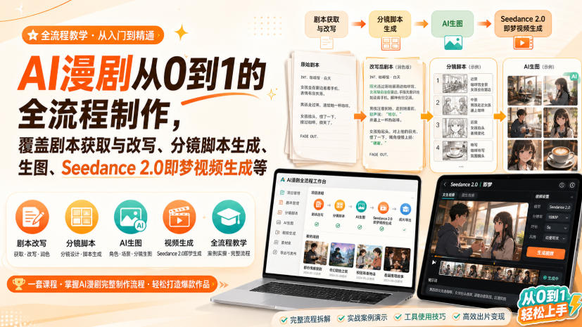 AI漫剧从0到1的全流程制作，覆盖剧本获取与改写、分镜脚本生成、角色场景生图与三视图、Seedance 2.0即梦视频生成(PDF版)-保成圈-山云人力,分享创业咨询_最新网络项目资源