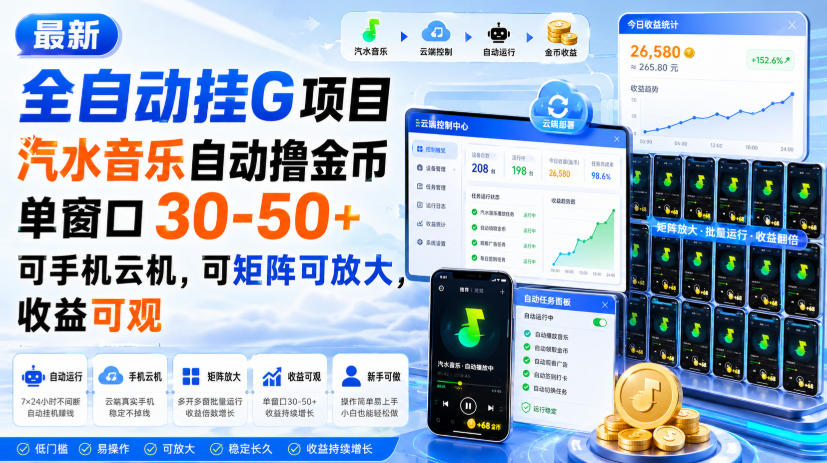 最新全自动挂G项目，汽水音乐自动撸金币单窗口30-50+，可手机云机，可矩阵可放大，收益可观-保成圈-山云人力,分享创业咨询_最新网络项目资源