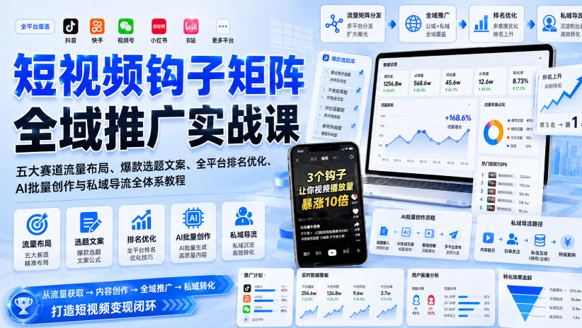 短视频钩子矩阵全域推广实战课｜五大赛道流量布局、爆款选题文案、全平台排名优化、AI批量创作与私域导流全体系教程-保成圈-山云人力,分享创业咨询_最新网络项目资源