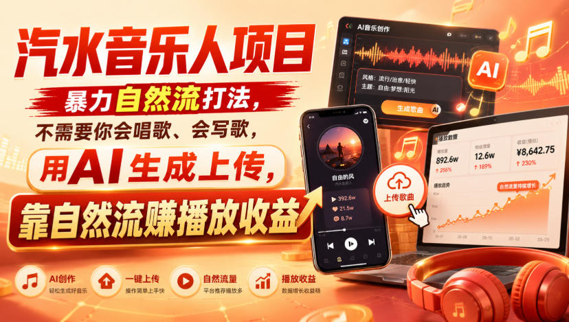 汽水音乐人项目，暴力自然流打法，不需要你会唱歌、会写歌，用AI生成上传，靠自然流賺播放收益-保成圈-山云人力,分享创业咨询_最新网络项目资源