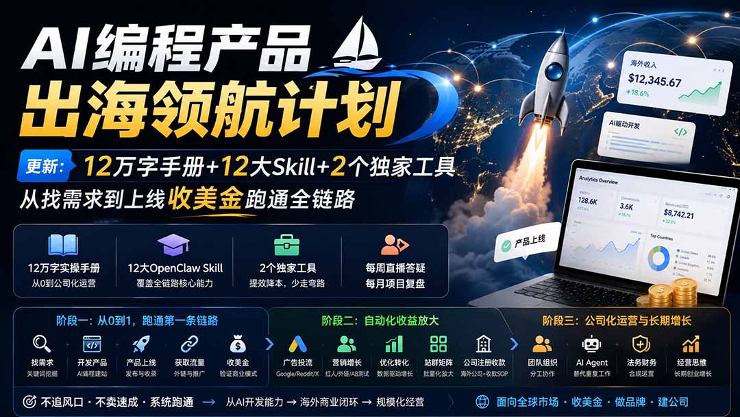 AI编程产品出海领航计划-更新：12万字手册+12大Skill+2个独家工具，从找需求到上线收美金跑通全链路-保成圈-山云人力,分享创业咨询_最新网络项目资源