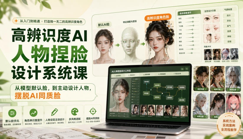 高辨识度AI人物捏脸设计系统课，从模型默认脸，到主动设计人物，摆脱AI同质脸-保成圈-山云人力,分享创业咨询_最新网络项目资源