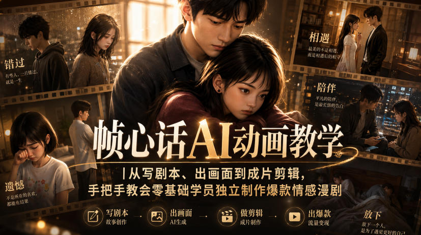 帧心话AI动画教学｜从写剧本、出画面到成片剪辑，手把手教会零基础学员独立制作爆款情感漫剧-保成圈-山云人力,分享创业咨询_最新网络项目资源