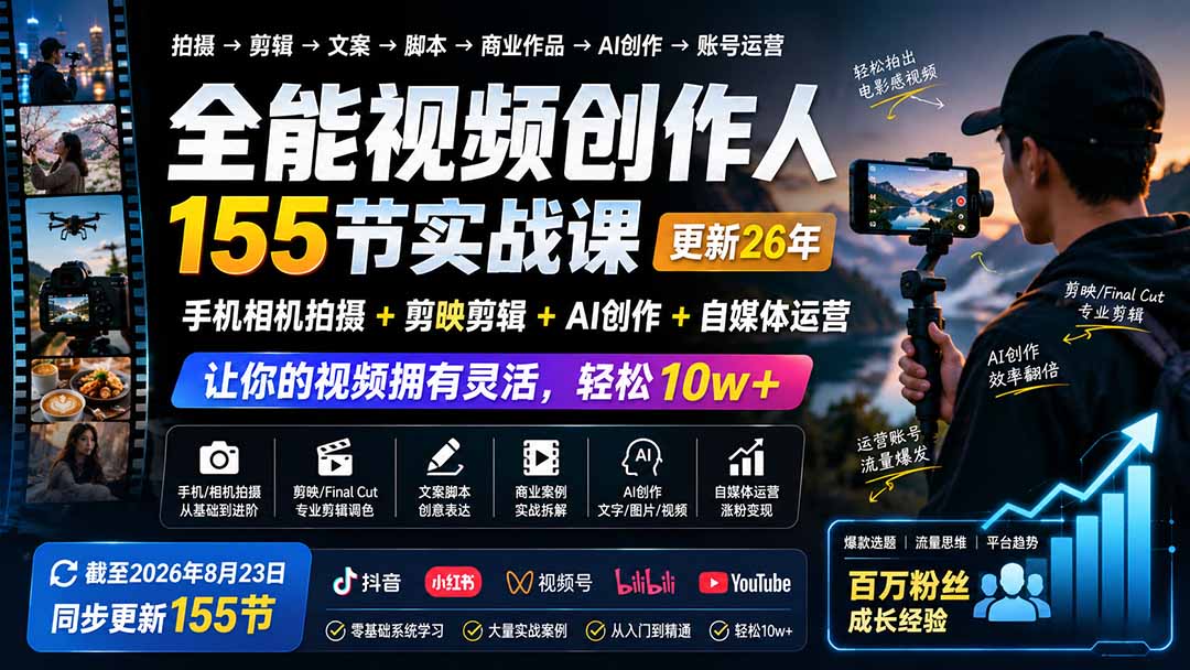 全能视频创作人155节实战课-更新26年8月：手机相机拍摄+剪映剪辑+AI创作+自媒体运营，让你的视频拥有灵活，轻松10w-保成圈-山云人力,分享创业咨询_最新网络项目资源