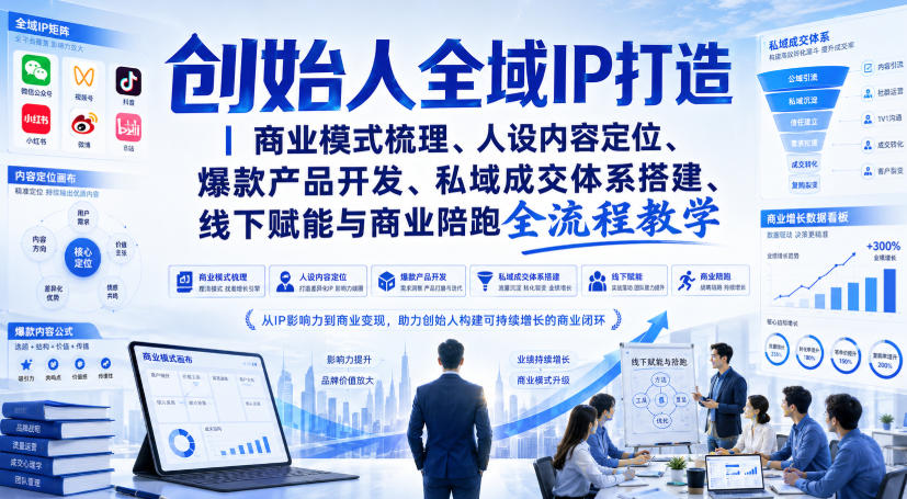创始人全域IP打造|商业模式梳理、人设内容定位、爆款产品开发、私域成交体系搭建、线下赋能与商业陪跑全流程教学