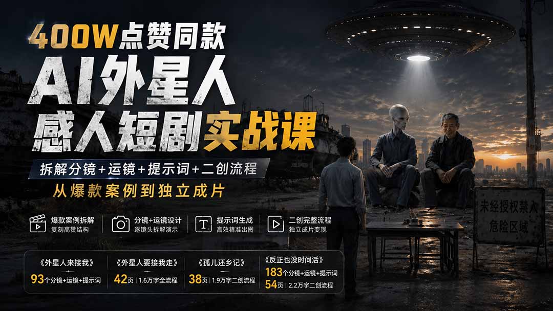 400W点赞同款AI外星人感人短剧实战课：拆解分镜+运镜+提示词+二创流程，从爆款案例到独立成片-保成圈-山云人力,分享创业咨询_最新网络项目资源