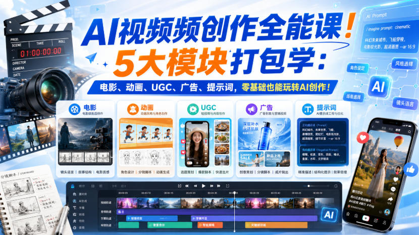 AI视频频创作全能课！5大模块打包学：电影、动画、UGC、广告、提示词，零基础也能玩转AI创作！【原创双语字幕】-保成圈-山云人力,分享创业咨询_最新网络项目资源