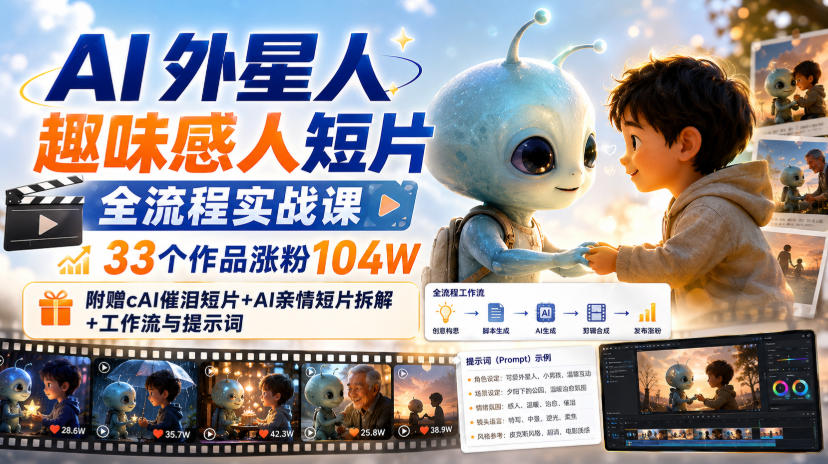 AI外星人趣味感人短片全流程实战课，33个作品涨粉104W，附赠AI催泪短片+AI亲情短片拆解+工作流与提示词-保成圈-山云人力,分享创业咨询_最新网络项目资源