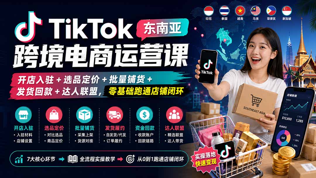 TikTok东南亚跨境电商运营课：开店入驻+选品定价+批量铺货+发货回款+达人联盟，零基础跑通店铺闭环-保成圈-山云人力,分享创业咨询_最新网络项目资源