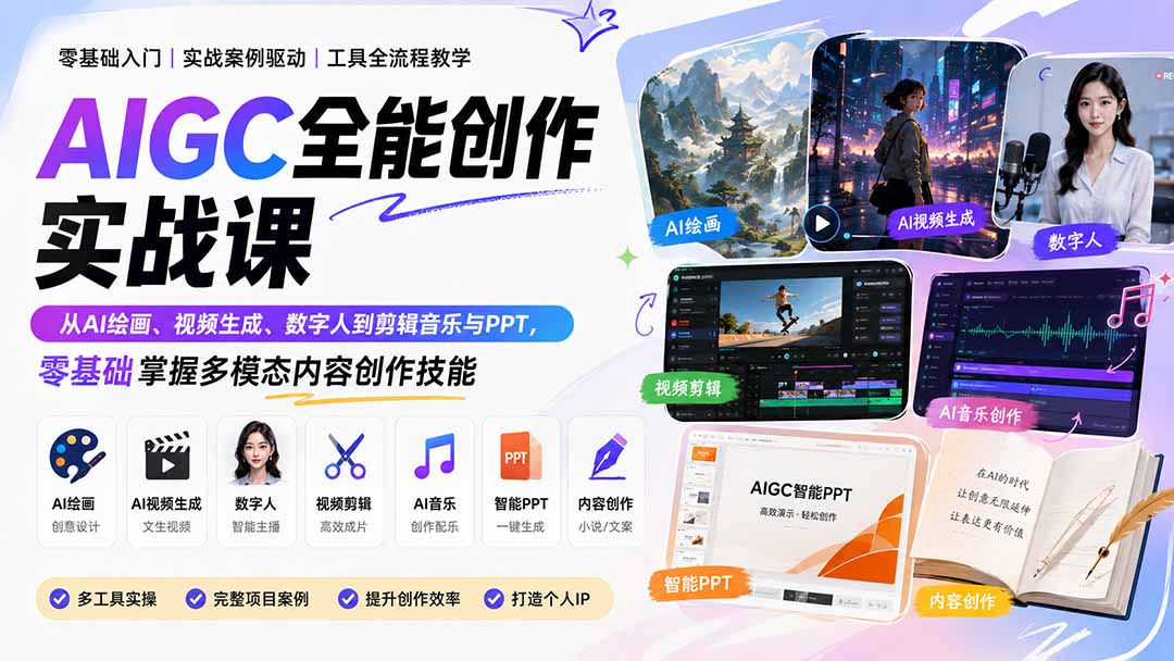 AIGC全能创作实战课：从AI绘画、视频生成、数字人到剪辑音乐与PPT，零基础掌握多模态内容创作技能-保成圈-山云人力,分享创业咨询_最新网络项目资源