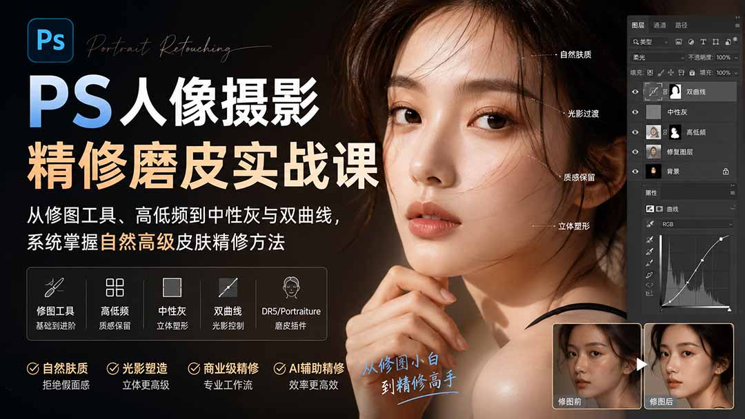 PS人像摄影精修磨皮实战课：从修图工具、高低频到中性灰与双曲线，系统掌握自然高级皮肤精修方法-保成圈-山云人力,分享创业咨询_最新网络项目资源