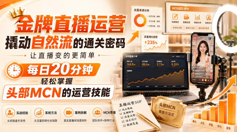 金牌直播运营撬动自然流的通关密码，让直播变的更简单，每日20分钟，轻松掌握头部MCN的运营技能-保成圈-山云人力,分享创业咨询_最新网络项目资源
