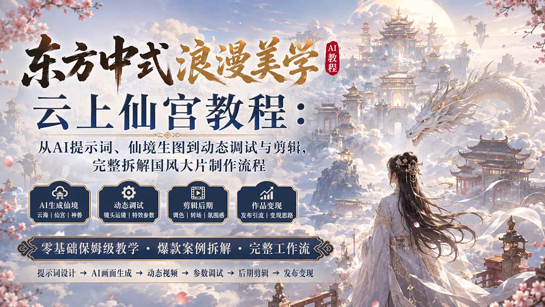 东方中式浪漫美学云上仙宫教程：从AI提示词、仙境生图到动态调试与剪辑，完整拆解国风大片制作流程-保成圈-山云人力,分享创业咨询_最新网络项目资源
