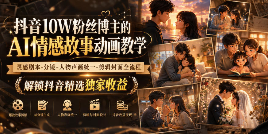 抖音10W粉丝博主的AI情感故事动画教学，灵感剧本‑分镜‑人物声画统一‑剪辑封面全流程，解锁抖音精选独家收益-保成圈-山云人力,分享创业咨询_最新网络项目资源