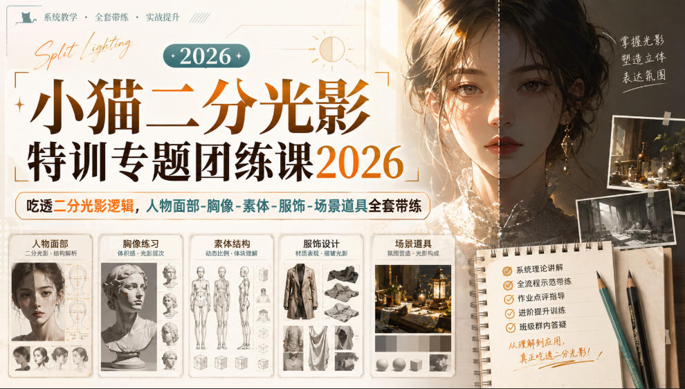 小猫二分光影特训专题团练课2026｜吃透二分光影逻辑，人物面部‑胸像‑素体‑服饰‑场景道具全套带练，高清画质附赠课件与笔刷-保成圈-山云人力,分享创业咨询_最新网络项目资源