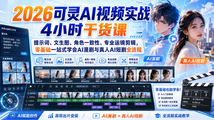 2026可灵AI视频实战4小时干货课｜提示词、文生图、角色一致性、专业运镜剪辑，零基础一站式学会AI漫剧与真人AI短剧全流程-保成圈-山云人力,分享创业咨询_最新网络项目资源