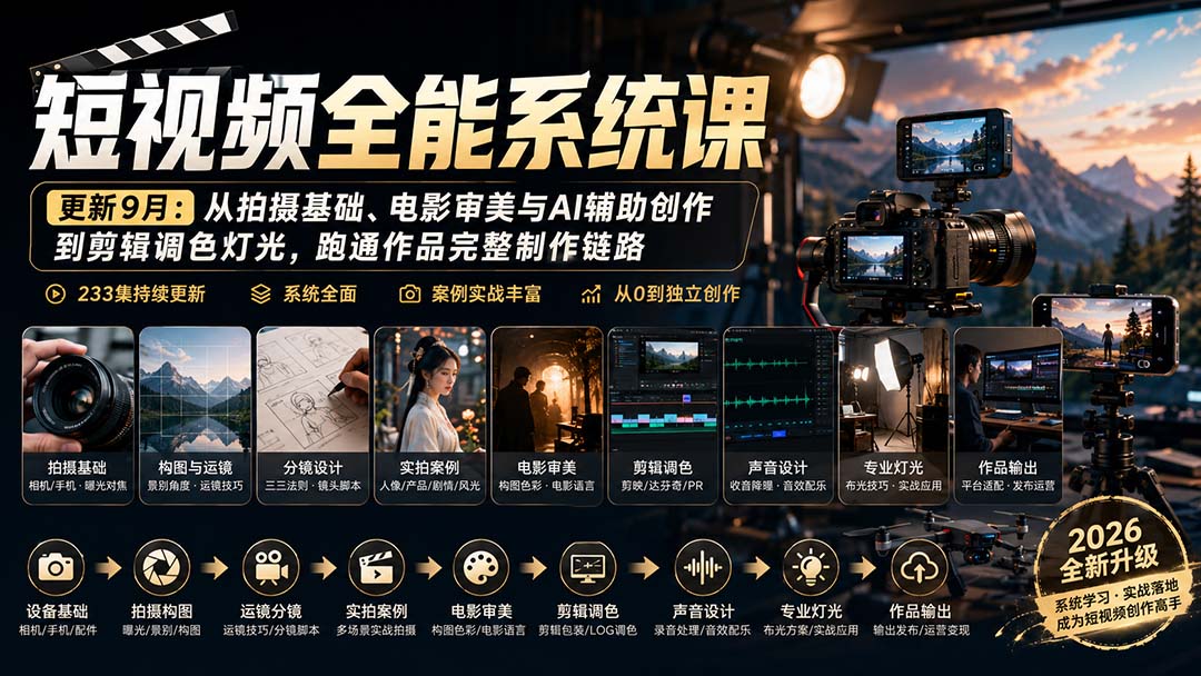 短视频全能系统课-更新8月233集：从拍摄基础、电影审美与AI辅助创作到剪辑调色灯光，跑通作品完整制作链路-保成圈-山云人力,分享创业咨询_最新网络项目资源