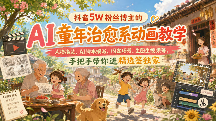 抖音5W粉丝博主的AI童年治愈系动画教学，人物换装、AI脚本撰写、固定场景、生图生视频等，手把手带你进精选签独家-保成圈-山云人力,分享创业咨询_最新网络项目资源