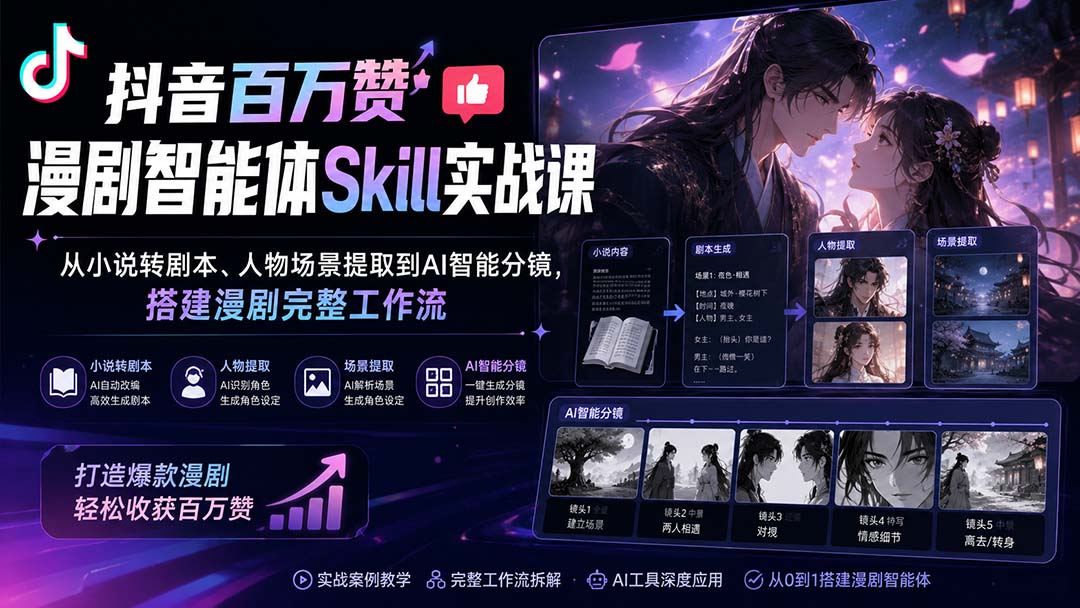 抖音百万赞漫剧智能体Skill实战课：从小说转剧本、人物场景提取到AI智能分镜，搭建漫剧完整工作流-保成圈-山云人力,分享创业咨询_最新网络项目资源