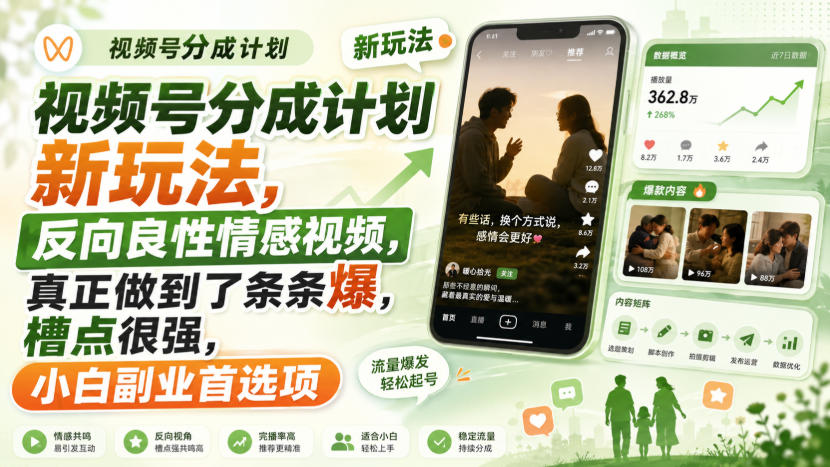 视频号分成计划新玩法，反向良性情感视频，真正做到了条条爆，槽点很强，小白副业首选项-保成圈-山云人力,分享创业咨询_最新网络项目资源