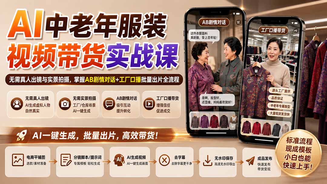 AI中老年服装视频带货实战课：无需真人出镜与实景拍摄，掌握AB剧情对话+工厂口播批量出片全流程-保成圈-山云人力,分享创业咨询_最新网络项目资源