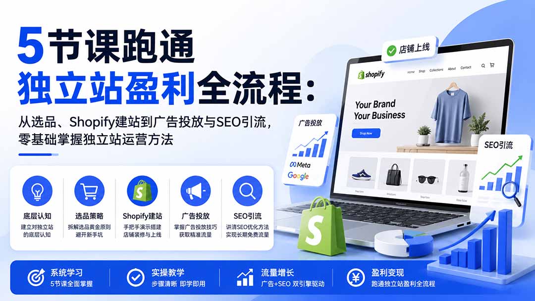 图片[1]-5节课跑通独立站盈利全流程：从选品、Shopify建站到广告投放与SEO引流，零基础掌握独立站运营方法-保成圈-山云人力,分享创业咨询_最新网络项目资源