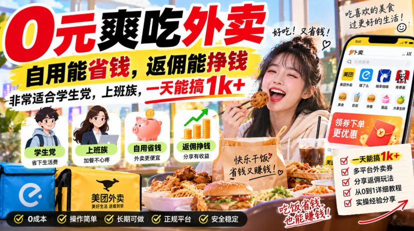 0元爽吃外卖，自用能省钱，返佣能挣钱，非常适合学生党，上班族，一天能搞1k+-保成圈-山云人力,分享创业咨询_最新网络项目资源