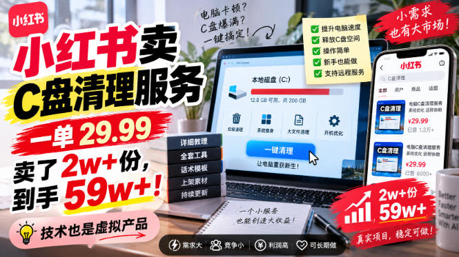 小红书卖C盘清理服务，一单29.99，卖了2w+份，技术也是虚拟产品-保成圈-山云人力,分享创业咨询_最新网络项目资源