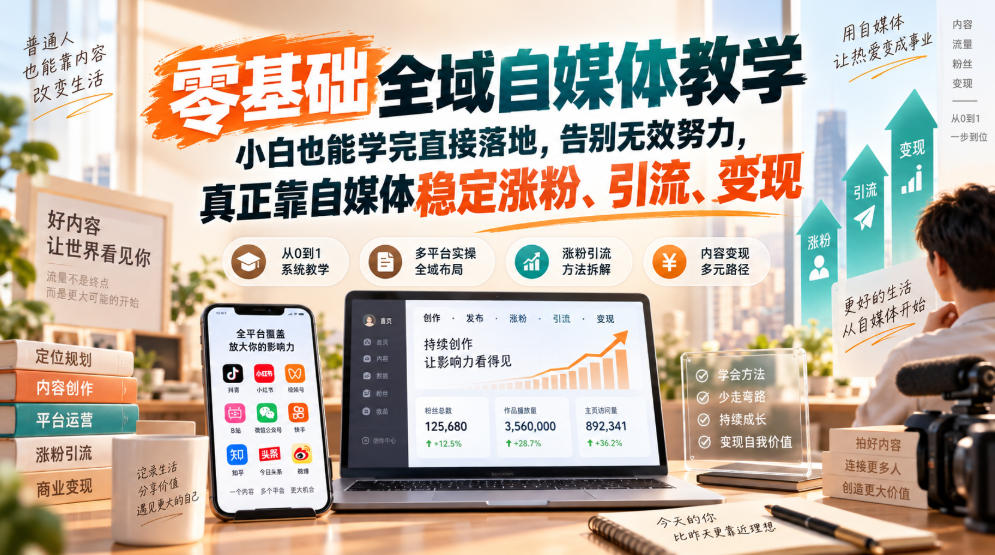 零基础全域自媒体教学，小白也能学完直接落地，告别无效努力，真正靠自媒体稳定涨粉、引流、变现-保成圈-山云人力,分享创业咨询_最新网络项目资源