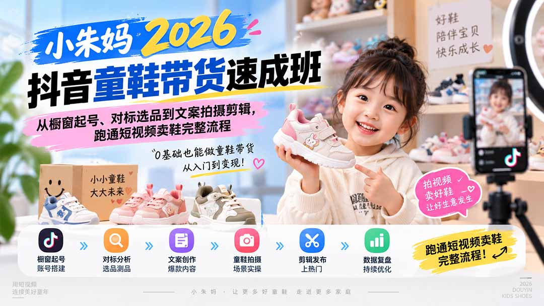小朱妈2026抖音童鞋带货速成班：从橱窗起号、对标选品到文案拍摄剪辑，跑通短视频卖鞋完整流程-保成圈-山云人力,分享创业咨询_最新网络项目资源