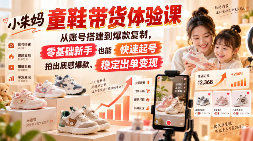小朱妈童鞋带货体验课，从账号搭建到爆款复制，零基础新手也能快速起号、拍出质感爆款、稳定出单变现-保成圈-山云人力,分享创业咨询_最新网络项目资源