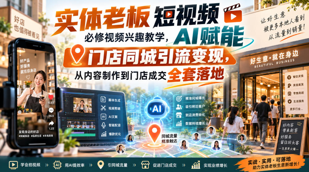 实体老板短视频必修视频兴趣教学，AI赋能门店同城引流变现，AI+短视频+直播打爆实体客流量-保成圈-山云人力,分享创业咨询_最新网络项目资源