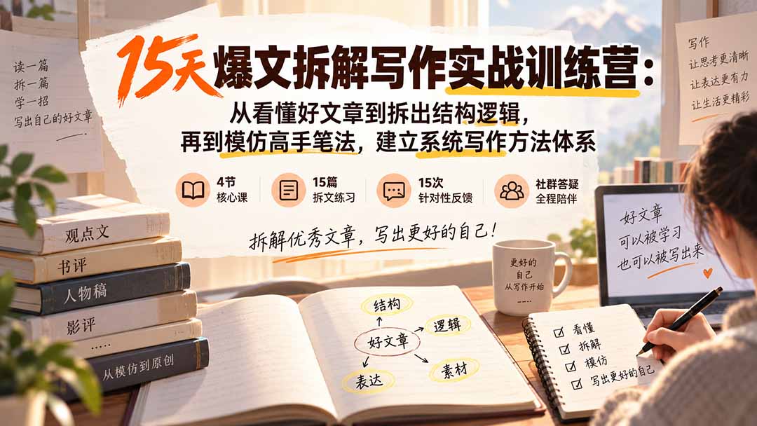 15天爆文拆解写作实战训练营：从看懂好文章到拆出结构逻辑，再到模仿高手笔法，建立系统写作方法体系-保成圈-山云人力,分享创业咨询_最新网络项目资源