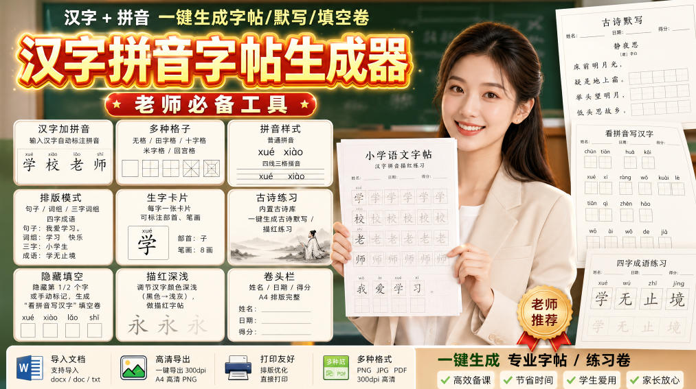 学习神器，汉字拼音字帖生成器，汉字+拼音 一键生成字帖/默写/填空卷，支持词组、成语，老师、家长必备-保成圈-山云人力,分享创业咨询_最新网络项目资源