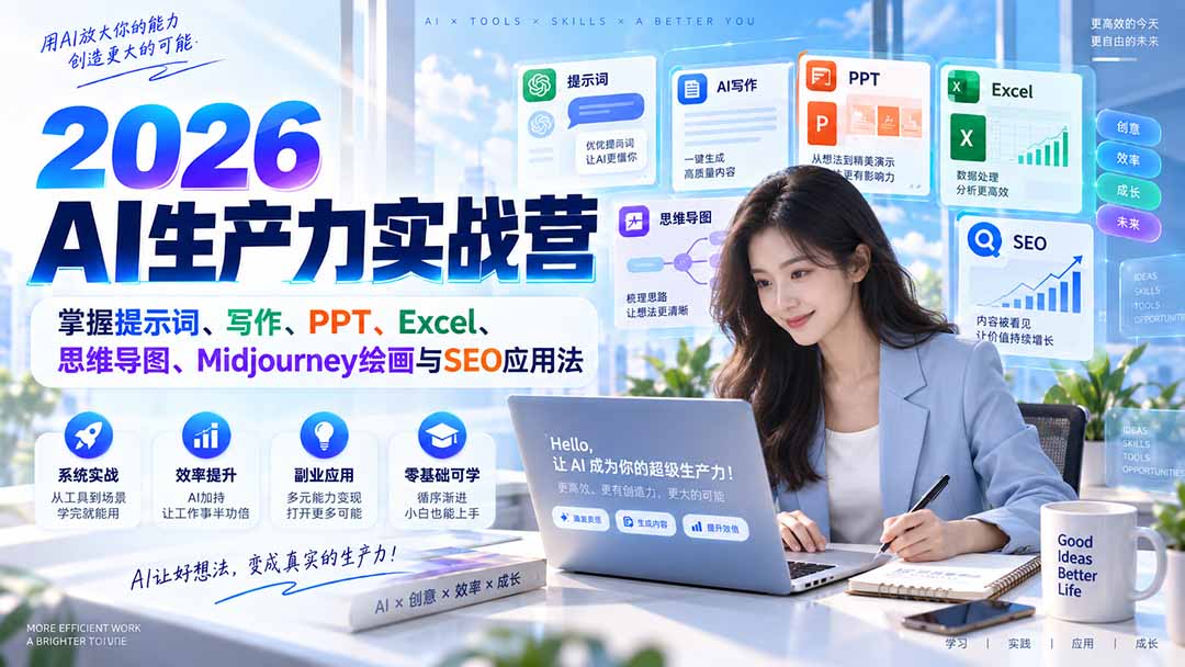 2026AI生产力实战营：掌握提示词、写作、PPT、Excel、思维导图、Midjourney绘画与SEO应用法-保成圈-山云人力,分享创业咨询_最新网络项目资源