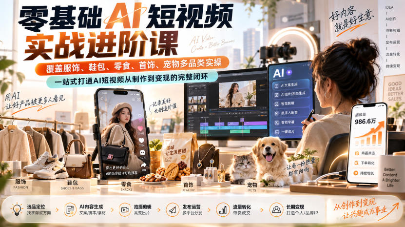 零基础AI短视频实战进阶课，覆盖服饰、鞋包、零食、首饰、宠物多品类实操，一站式打通AI短视频从制作到变现的完整闭环-保成圈-山云人力,分享创业咨询_最新网络项目资源