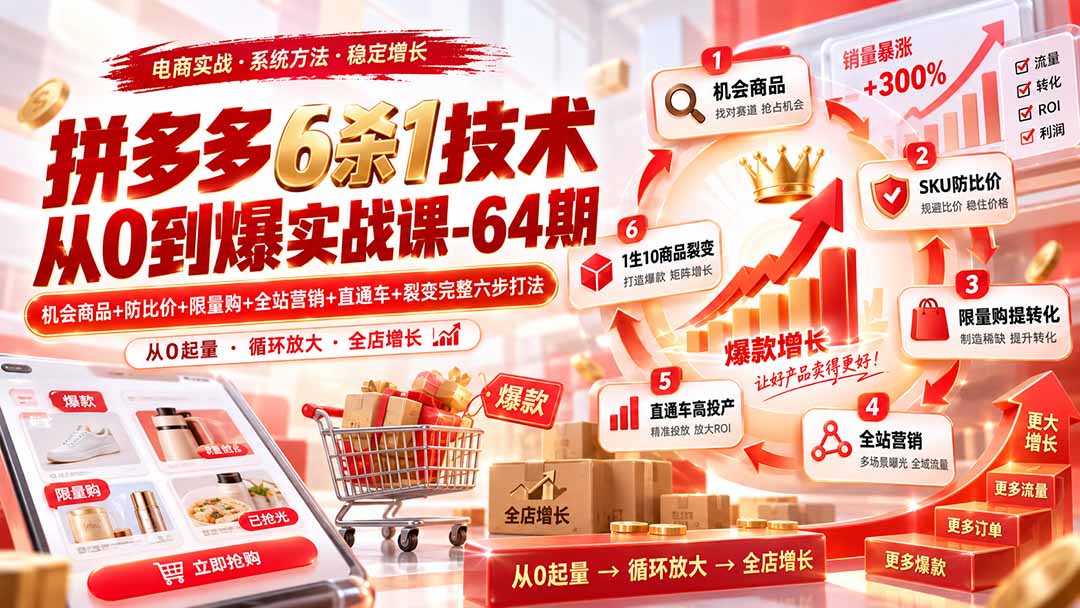 拼多多6杀1技术从0到爆实战课-64期：机会商品+防比价+限量购+全站营销+直通车+裂变完整六步打法-保成圈-山云人力,分享创业咨询_最新网络项目资源