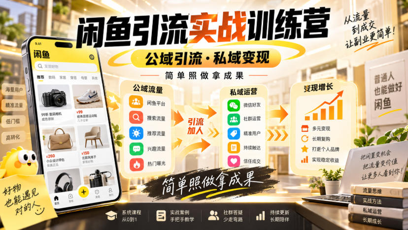 闲鱼引流实战训练营，公域引流·私域变现，简单照做拿成果-保成圈-山云人力,分享创业咨询_最新网络项目资源