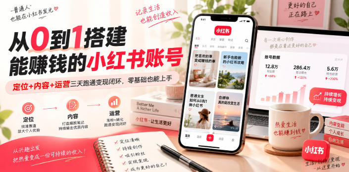 从0到1搭建能賺钱的小红书账号，定位+内容+运营三天跑通变现闭环-保成圈-山云人力,分享创业咨询_最新网络项目资源
