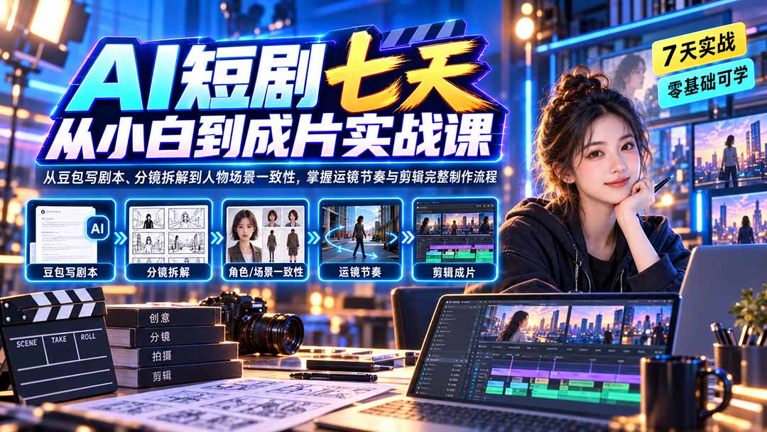 AI短剧七天从小白到成片实战课：从豆包写剧本、分镜拆解到人物场景一致性，掌握运镜节奏与剪辑完整制作流程-保成圈-山云人力,分享创业咨询_最新网络项目资源