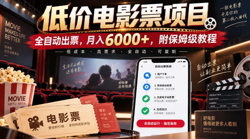 低价电影票项目，全自动出票，月入6000+，附保姆级教程【揭秘】-保成圈-山云人力,分享创业咨询_最新网络项目资源