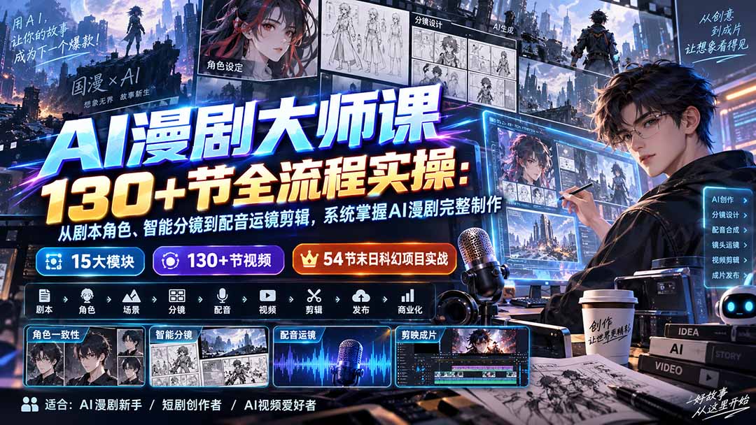 AI漫剧大师课130+节全流程实操：从剧本角色、智能分镜到配音运镜剪辑，系统掌握AI漫剧完整制作-保成圈-山云人力,分享创业咨询_最新网络项目资源