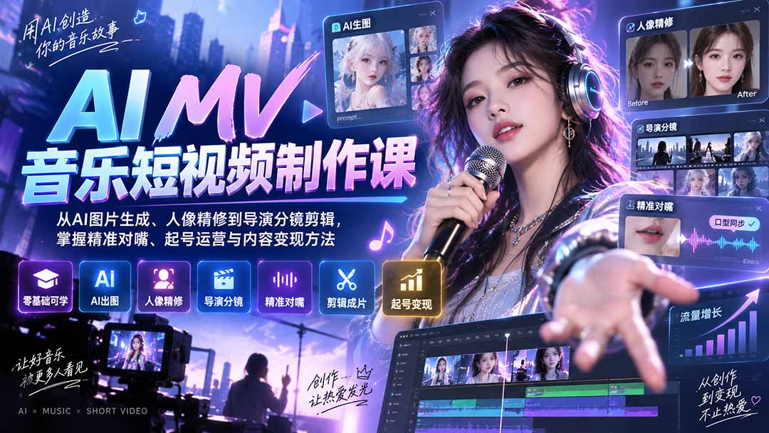 AI MV音乐短视频制作课：从AI图片生成、人像精修到导演分镜剪辑，掌握精准对嘴、起号运营与内容变现方法-保成圈-山云人力,分享创业咨询_最新网络项目资源