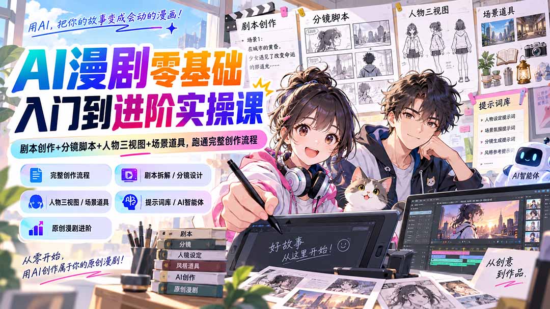 AI漫剧零基础入门到进阶实操课：剧本创作+分镜脚本+人物三视图+场景道具，跑通完整创作流程-保成圈-山云人力,分享创业咨询_最新网络项目资源