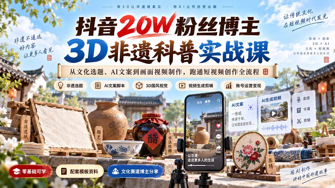 抖音20W粉丝博主3D非遗科普实战课：从文化选题、AI文案到画面视频制作，跑通短视频创作全流程-保成圈-山云人力,分享创业咨询_最新网络项目资源
