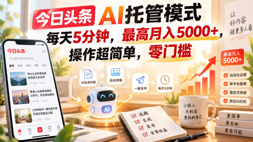 今日头条AI托管模式，每天5分钟，最高月入5000+，操作超简单，零门槛【揭秘】-保成圈-山云人力,分享创业咨询_最新网络项目资源