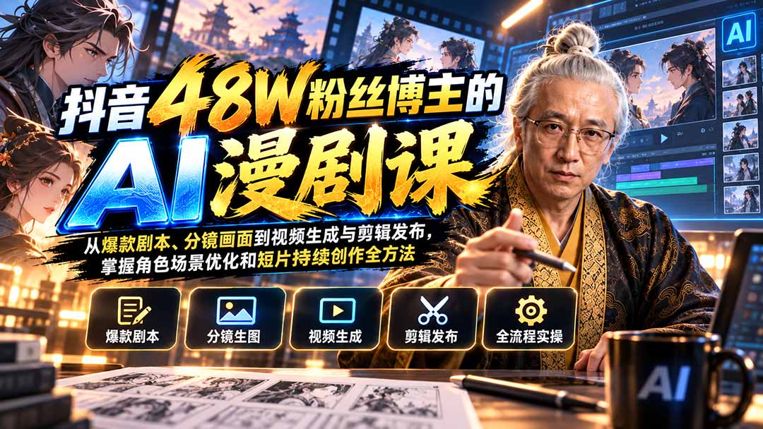 抖音48W粉丝博主的AI漫剧课：从爆款剧本、分镜画面到视频生成与剪辑发布，掌握角色场景优化和短片持续创作全方法-保成圈-山云人力,分享创业咨询_最新网络项目资源