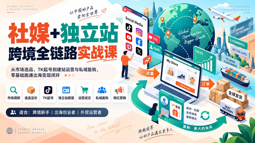 社媒+独立站跨境全链路实战课：从市场选品、TK起号到建站运营与私域复购，零基础跑通出海变现闭环-保成圈-山云人力,分享创业咨询_最新网络项目资源