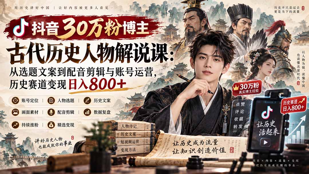抖音30万粉博主古代历史人物解说课：从选题文案到配音剪辑与账号运营，历史赛道变现日入800+-保成圈-山云人力,分享创业咨询_最新网络项目资源